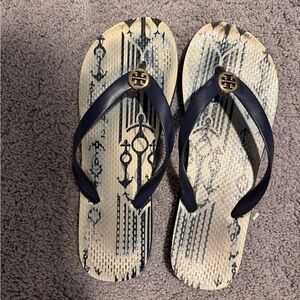 Tory Burch Patterned Navy Flip Flops
